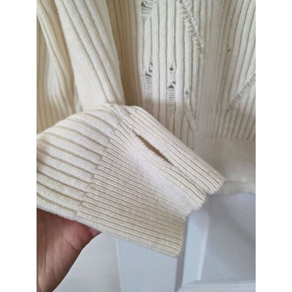 HELMUT LANG V-Neck Drop-Needle Wool Sweater Cream Distressed L - Picture 5 of 10